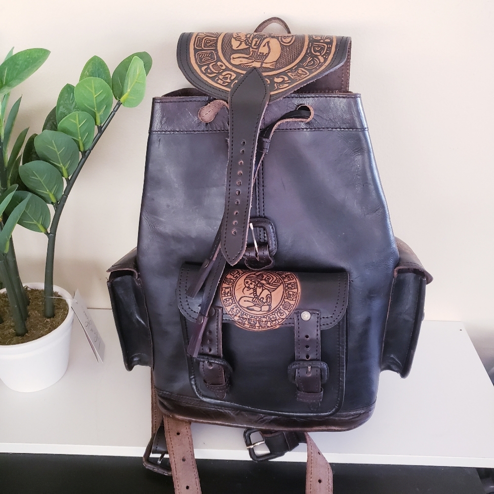 Handcrafted Tooled Leather Backpack - O/S Made In MEXICO - Picture 14 of 15